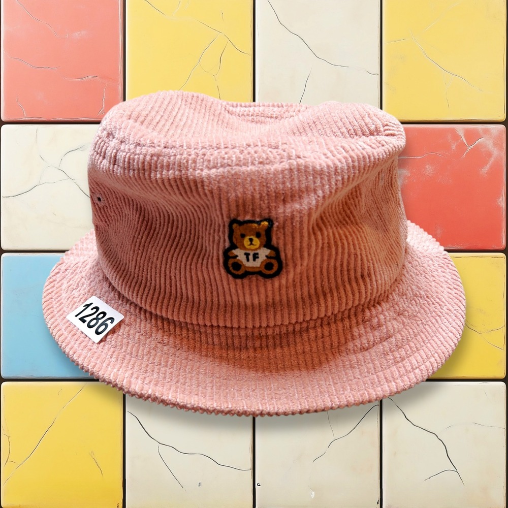 Teddy Fresh Pink Corduroy Bucket Hat  Y2K Embroidered Bear TF Logo‎ H3 Cute